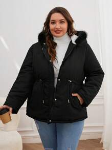 SHEIN Essnce Plus Size Solid Colored Hooded Padded Coat With Waist Drawstring, For Winter Fall Autumn - Black - View 4