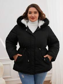 SHEIN Essnce Plus Size Solid Colored Hooded Padded Coat With Waist Drawstring, For Winter Fall Autumn - Black - View 3