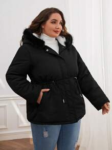 SHEIN Essnce Plus Size Solid Colored Hooded Padded Coat With Waist Drawstring, For Winter Fall Autumn - Black - View 6