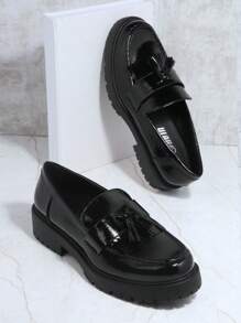 Faux Leather Tassel Detail Loafer Flats - Black - View 2