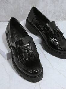Faux Leather Tassel Detail Loafer Flats - Black - View 3