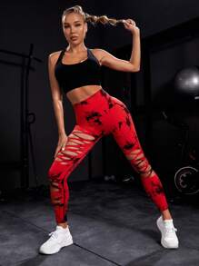 Easithlete 紮染交叉鏤空寬腰帶運動打底褲 - 紅色 - 查看 6