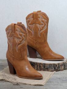 SHUZIA Women's Pointy Toe High Block Heel Mid Calf Western Boots Summer Shoes Spring Shoes Spring Break Easter Mother's Day Present