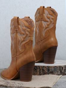 SHUZIA Women's Pointy Toe High Block Heel Mid Calf Western Boots Summer Shoes Spring Shoes Spring Break Easter Mother's Day Present