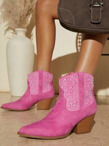 SHUZIA Faux Suede Studded Detail Western Boots, Cowboy Boots For Women - Hot Pink - View 3