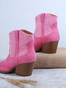 SHUZIA Faux Suede Studded Detail Western Boots, Cowboy Boots For Women - Hot Pink - View 2