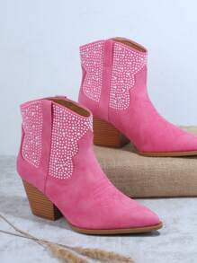 SHUZIA Faux Suede Studded Detail Western Boots, Cowboy Boots For Women - Hot Pink - View 4