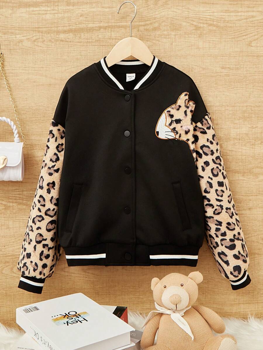 SHEIN Tween Girl Leopard Print Drop Shoulder Striped Trim Varsity Jacket - Black - View 1
