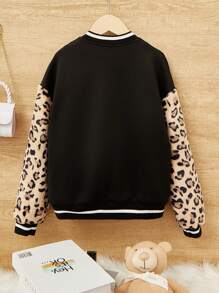 SHEIN Tween Girl Leopard Print Drop Shoulder Striped Trim Varsity Jacket - Black - View 2
