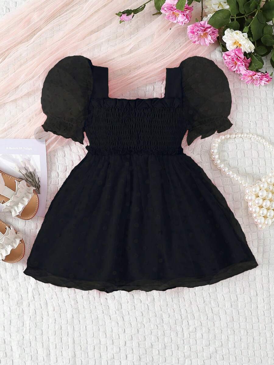 女嬰泡泡袖派對禮服 - 黑色 - 查看 1