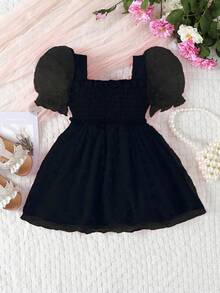 女嬰泡泡袖派對禮服 - 黑色 - 查看 2