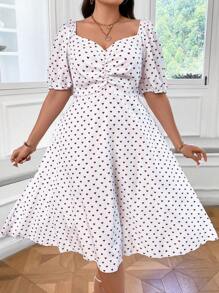 Celure Plus Polka Dot Print Ruched Sweetheart Neck Puff Sleeve Dress - White - View 1