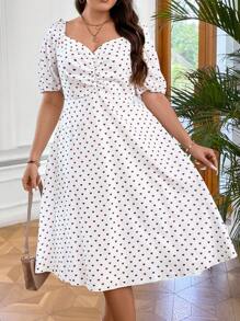 Celure Plus Polka Dot Print Ruched Sweetheart Neck Puff Sleeve Dress - White - View 3