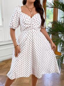 Celure Plus Polka Dot Print Ruched Sweetheart Neck Puff Sleeve Dress - White - View 4