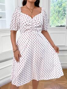 Celure Plus Polka Dot Print Ruched Sweetheart Neck Puff Sleeve Dress - White - View 5