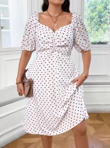 Celure Plus Polka Dot Print Ruched Sweetheart Neck Puff Sleeve Dress - White - View 6