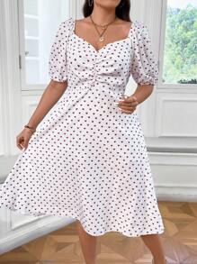 Celure Plus Polka Dot Print Ruched Sweetheart Neck Puff Sleeve Dress - White - View 7