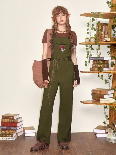 JOYFULSMOLTHINGS Fairycore Mushroom Embroidery Overall Jumpsuit