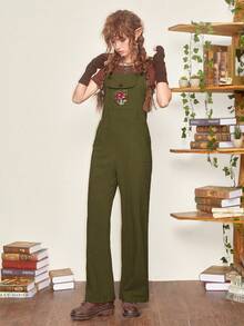 JOYFULSMOLTHINGS Fairycore 蘑菇刺繡背帶連身褲 - 軍綠色 - 查看 3