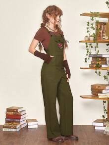 JOYFULSMOLTHINGS Fairycore 蘑菇刺繡背帶連身褲 - 軍綠色 - 查看 4