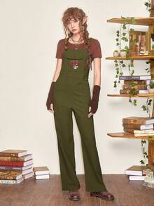 JOYFULSMOLTHINGS Fairycore 蘑菇刺繡背帶連身褲 - 軍綠色 - 查看 6