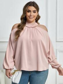 SHEIN Clasi Plus Cold Shoulder Lantern Sleeve Blouse - Dusty Pink - View 1