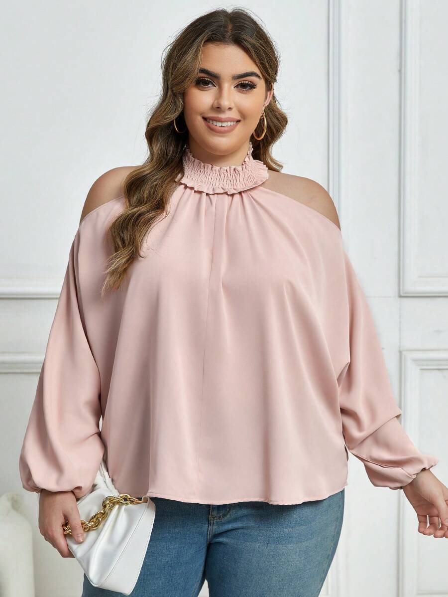 SHEIN Clasi Plus Cold Shoulder Lantern Sleeve Blouse - Dusty Pink - View 1