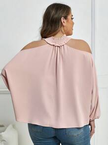 SHEIN Clasi Plus Cold Shoulder Lantern Sleeve Blouse - Dusty Pink - View 2