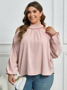 SHEIN Clasi Plus Cold Shoulder Lantern Sleeve Blouse - Dusty Pink - View 3