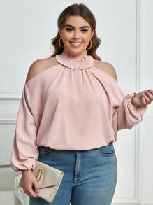 SHEIN Clasi Plus Cold Shoulder Lantern Sleeve Blouse - Dusty Pink - View 4