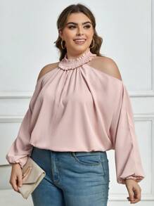 SHEIN Clasi Plus Cold Shoulder Lantern Sleeve Blouse - Dusty Pink - View 5