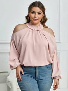 SHEIN Clasi Plus Cold Shoulder Lantern Sleeve Blouse - Dusty Pink - View 6