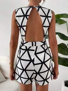 Chiquease Geo Print Plunge Neck Fold Pleated Detail Romper - Black and White - View 2