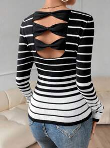 SHEIN LUNE 條紋圖案鏤空露背套頭毛衣 - 黑與白 - 查看 5