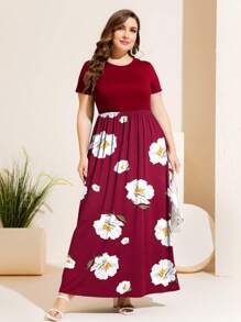 大碼印花A字連衣裙 - 酒紅色 - 查看 1