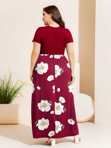 大碼印花A字連衣裙 - 酒紅色 - 查看 2