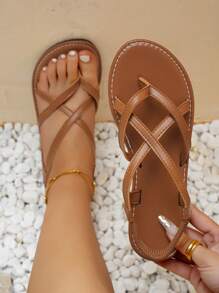 planare màu trơn & Đơn giản Của phụ nữ Dép phẳng - màu nâu - Xem 2