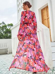 LOVE&LEMONADE Floral Print Plunging Neck Belted Split Thigh Dress - Multicolor - View 2
