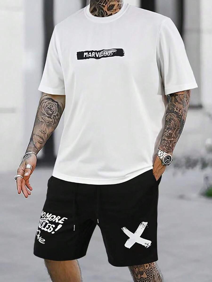 Manfinity Homme 男士字母圖案T恤&腰部抽繩短褲 - 黑與白 - 查看 1