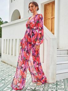 LOVE&LEMONADE Floral Print Plunging Neck Belted Split Thigh Dress - Multicolor - View 3