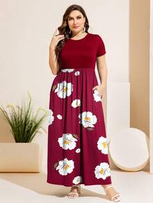 大碼印花A字連衣裙 - 酒紅色 - 查看 4