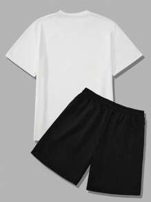 Manfinity Homme 男士字母圖案T恤&腰部抽繩短褲 - 黑與白 - 查看 2