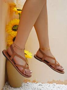 planare màu trơn & Đơn giản Của phụ nữ Dép phẳng - màu nâu - Xem 5