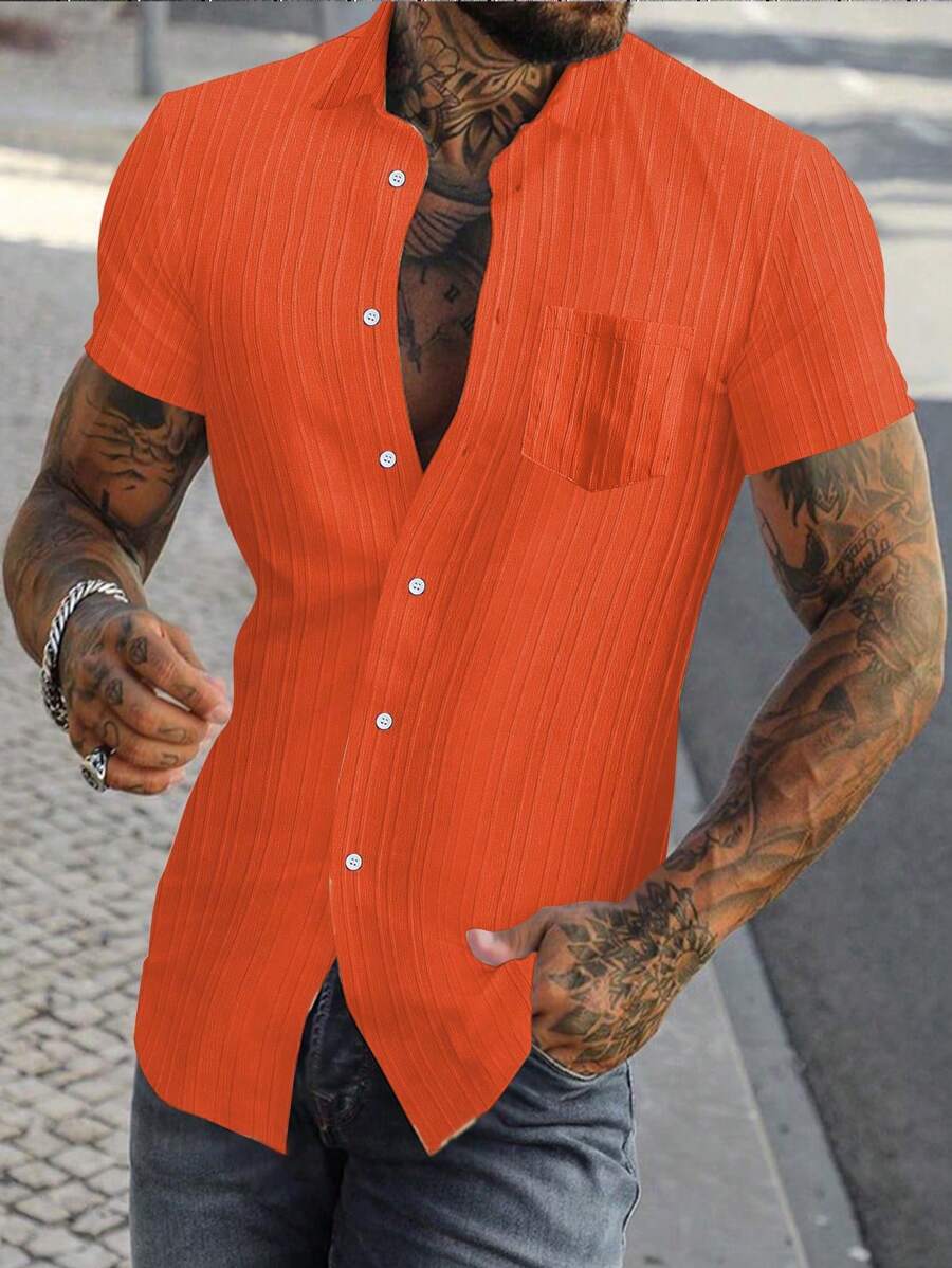 Manfinity Homme Hombres Camisa unicolor con botón - Naranja - Ver 1
