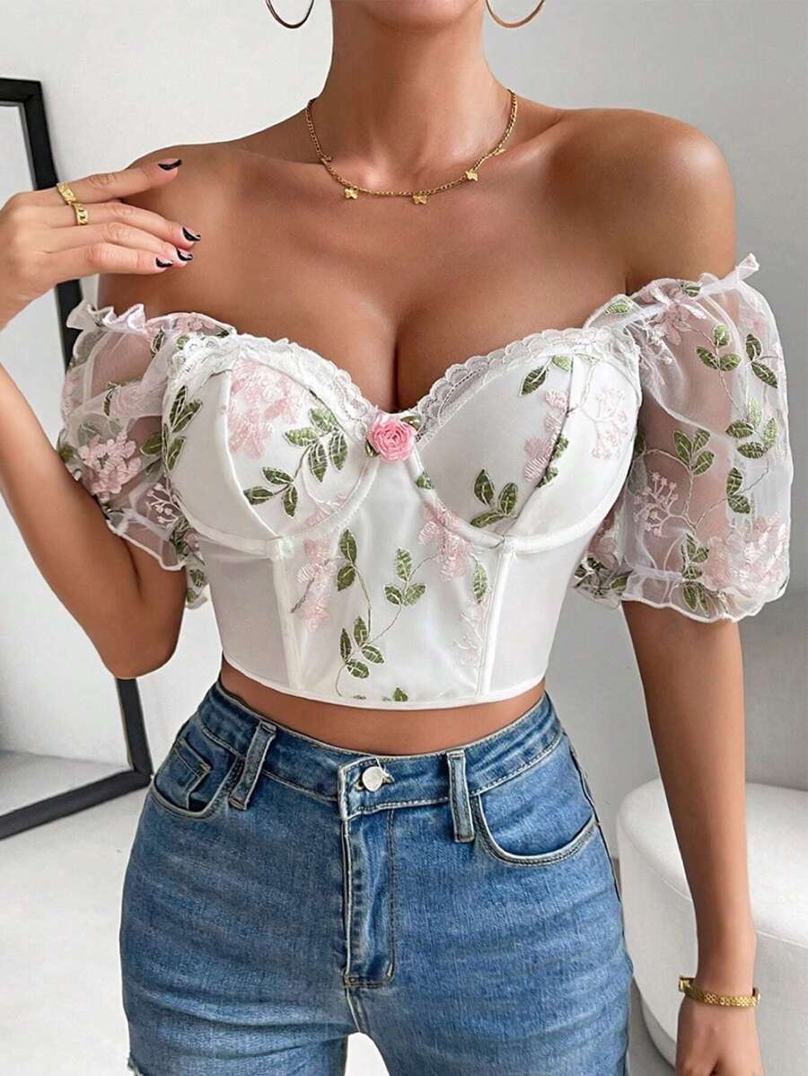 Zolique Floral Embroidery Mesh Puff Sleeve Crop Top - White - View 1