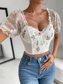 Zolique Floral Embroidery Mesh Puff Sleeve Crop Top - White - View 3