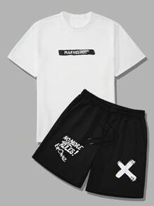 Manfinity Homme 男士字母圖案T恤&腰部抽繩短褲 - 黑與白 - 查看 6