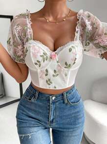 Zolique Floral Embroidery Mesh Puff Sleeve Crop Top - White - View 5