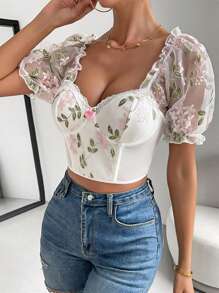 Zolique Floral Embroidery Mesh Puff Sleeve Crop Top - White - View 6