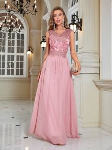 Contrast Sequin Mesh Party Dress - Baby Pink - View 1